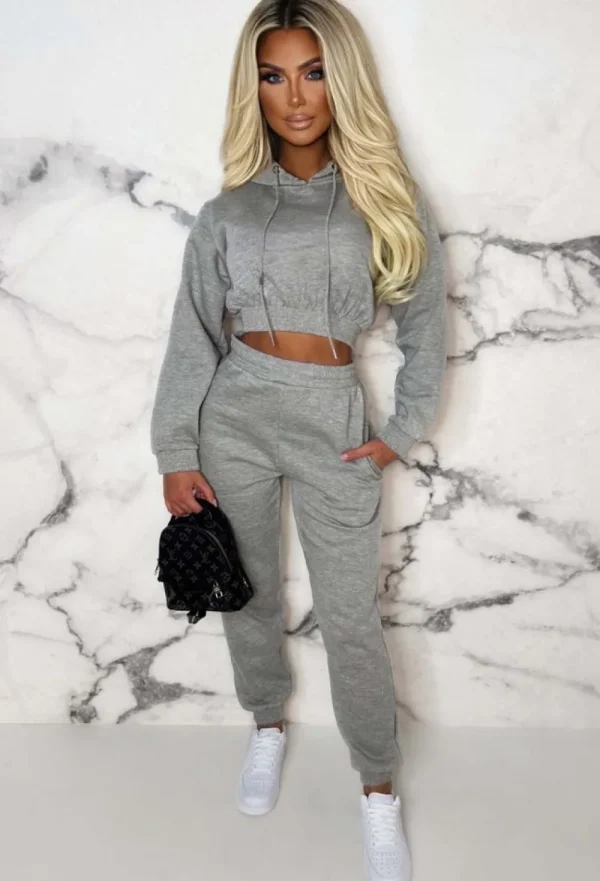 STYLEWISE Urban Lounge Grey Cropped Hooded Two Piece Loungewear Set<Women Loungewear