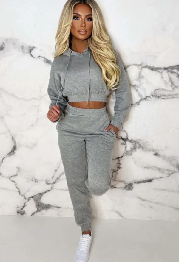 STYLEWISE Urban Lounge Grey Cropped Hooded Two Piece Loungewear Set<Women Loungewear