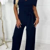 SOFT TOUCH Utterly Yours Navy Cross Over Ruched Wide Leg Belted Jumpsuit<Women Jumpsuits