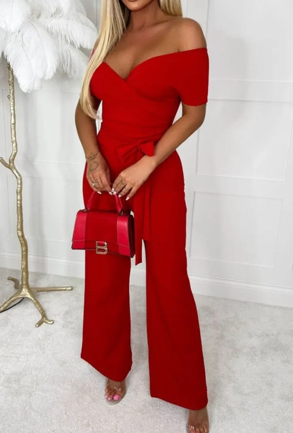 SOFT TOUCH Utterly Yours Red Cross Over Ruched Wide Leg Belted Jumpsuit<Women Jumpsuits