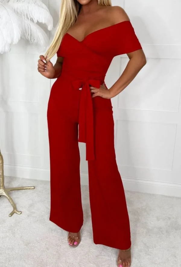 SOFT TOUCH Utterly Yours Red Cross Over Ruched Wide Leg Belted Jumpsuit<Women Jumpsuits