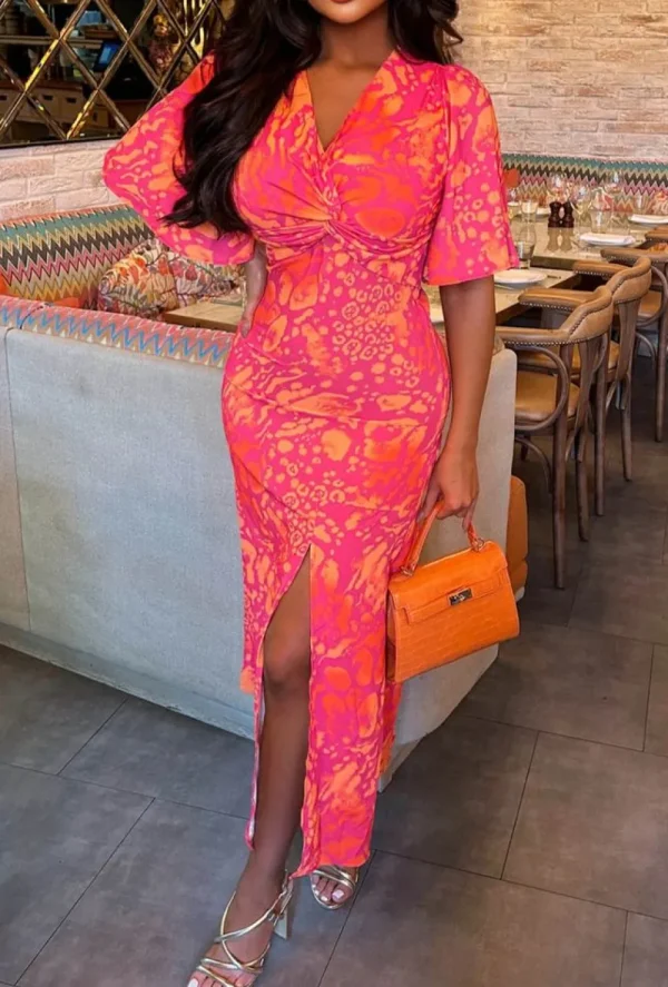 NBA Vivid Glamour Coral Printed Knot Front Midi Dress<Women Dresses