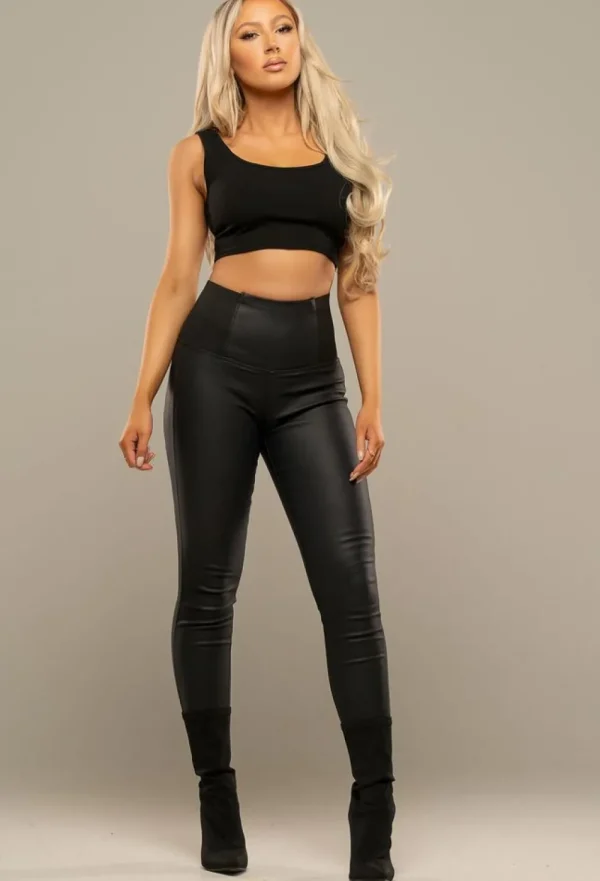 PINK BOUTIQUE UK Waist Cincher Black Elasticated Faux Leather High Rise Leggings<Women Trousers & Leggings