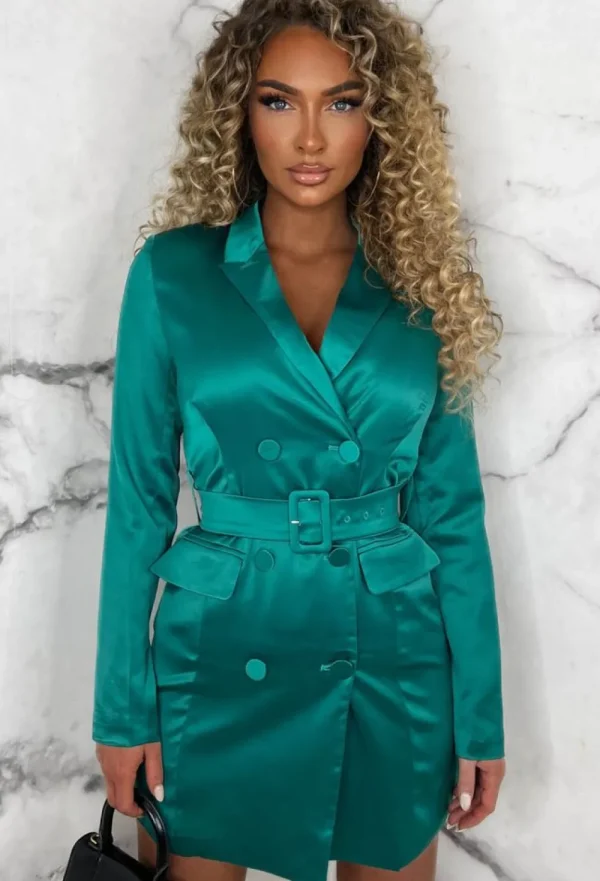 EIGHT PARIS Wall Street Glam Green Satin Belted Blazer Dress<Women Dresses