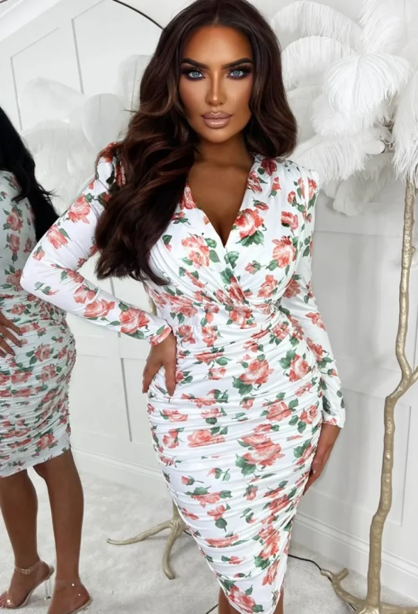 VJK Wish For Love White Floral Long Sleeve Ruched Midi Dress<Women Dresses