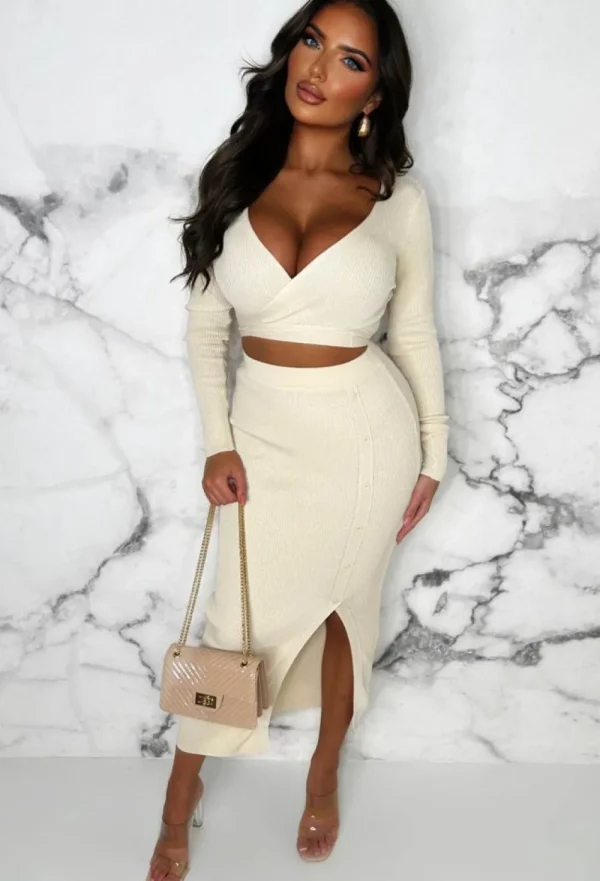 MOOCCI Wrap Me Up Cream Top And Midi Skirt Knitted Co-Ord Set<Women Knitwear