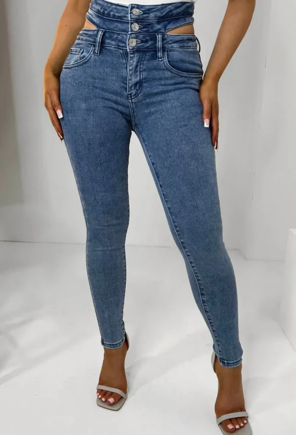 LA BELLE Wrapped In Desire Mid Blue Cut Out High Waisted Stretch Skinny Jeans<Women Jeans