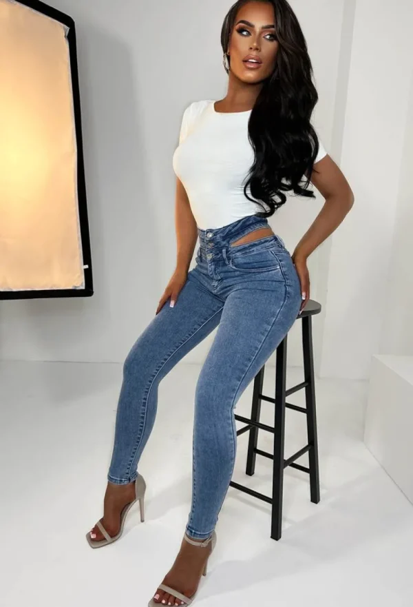 LA BELLE Wrapped In Desire Mid Blue Cut Out High Waisted Stretch Skinny Jeans<Women Jeans