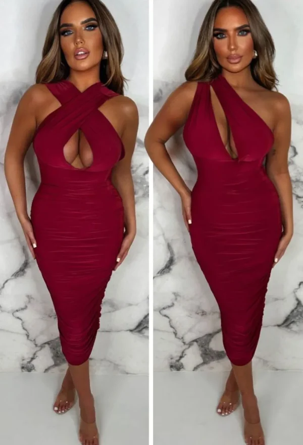 SOFT TOUCH Wrapped In Luxury Wine Ultra Soft Double Lined Multiway Ruched Midi Dress<Women Dresses