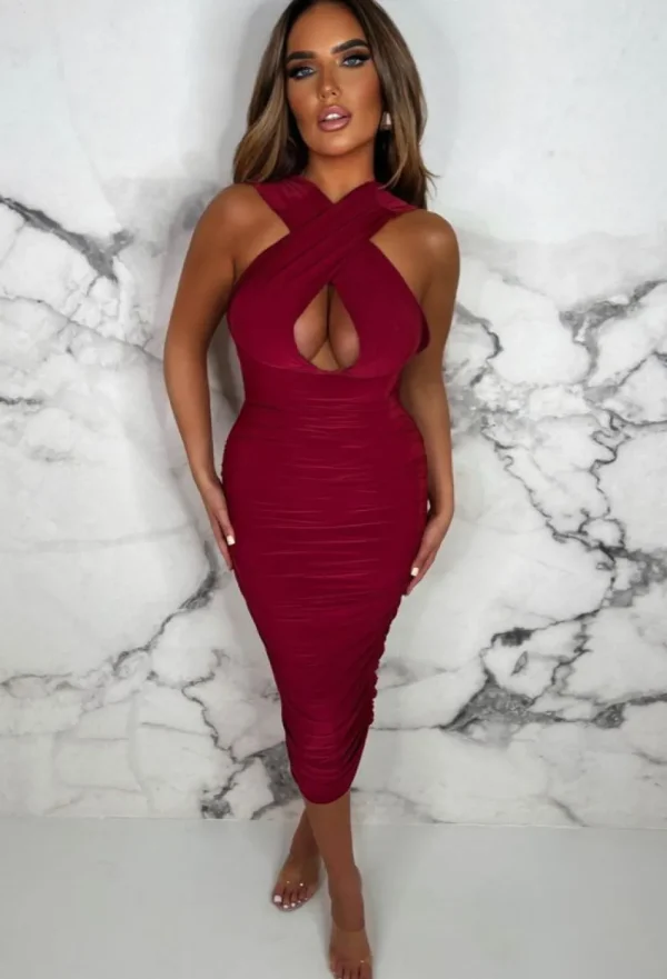 SOFT TOUCH Wrapped In Luxury Wine Ultra Soft Double Lined Multiway Ruched Midi Dress<Women Dresses