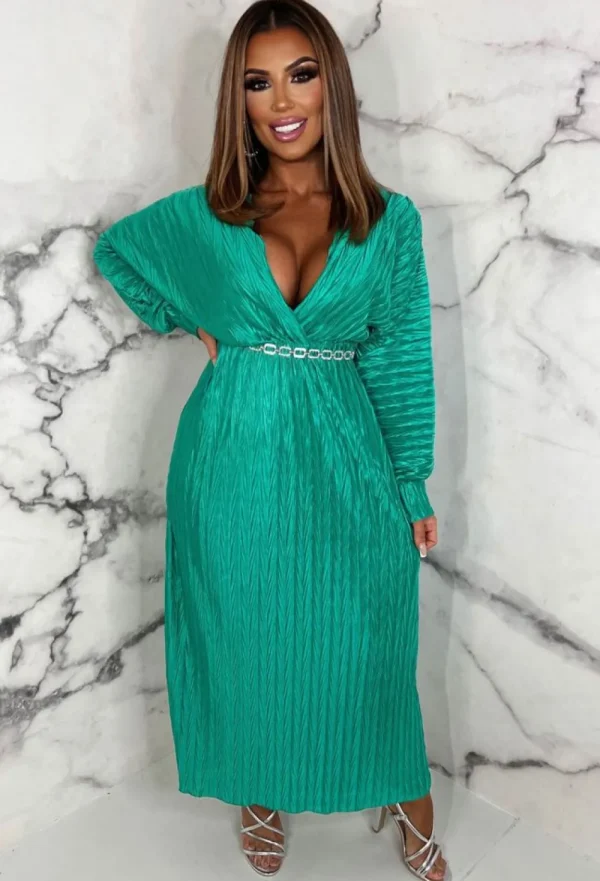 J5 FASHION Yes Plisse Green Plisse Midi Dress<Women Summer Dresses