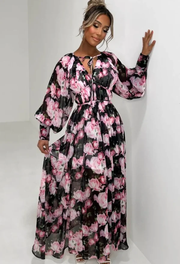 DANITY Your Love Affair Black Floral Chiffon Long Sleeve Maxi Dress<Women Dresses