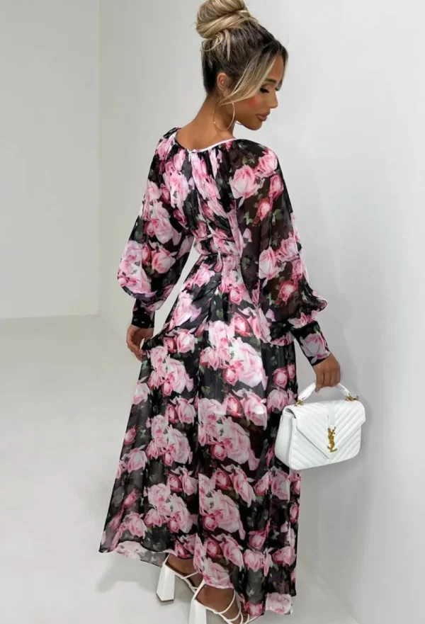 DANITY Your Love Affair Black Floral Chiffon Long Sleeve Maxi Dress<Women Dresses