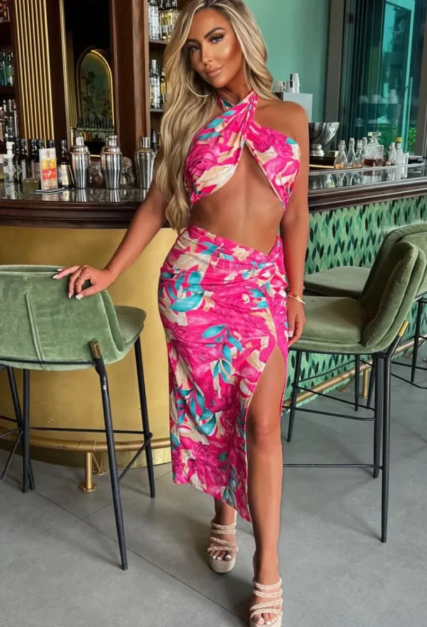 INFINITY Your Paradise Pink Tropical Halterneck Bandeau Midi Skirt Co-Ord Set<Women Co-Ords