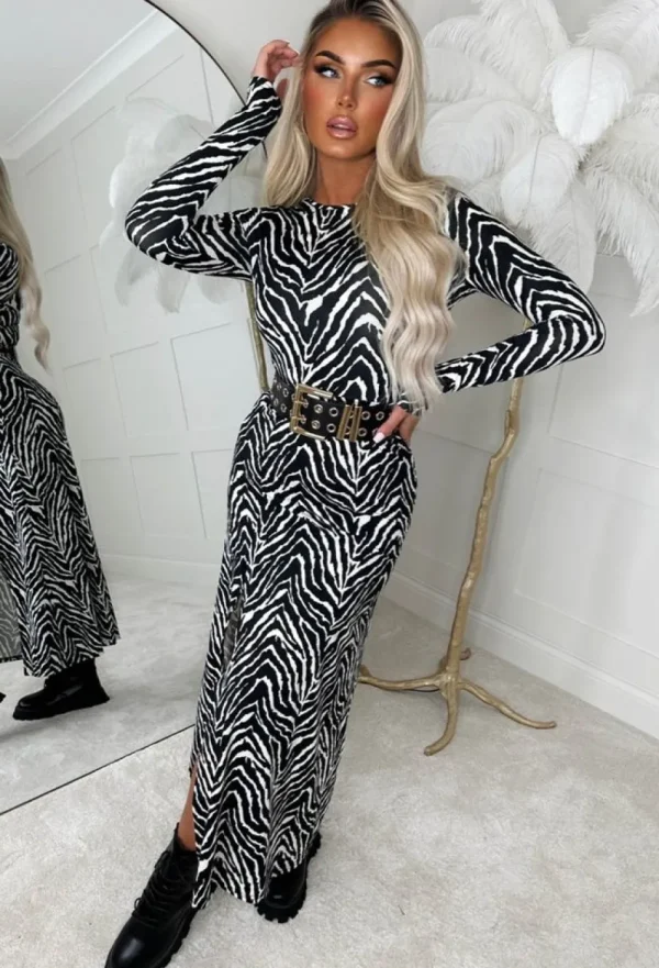 SOY u0026 CO Zebra Chic Monochrome Animal Print Long Sleeve Stretch Midi Dress<Women Summer Dresses