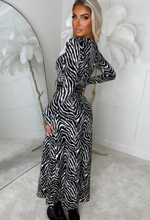 SOY u0026 CO Zebra Chic Monochrome Animal Print Long Sleeve Stretch Midi Dress<Women Summer Dresses