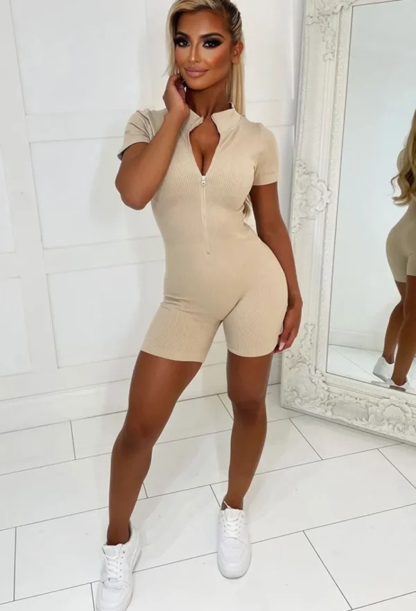 BE YOU Zip It Beige Sculpting Athleisure Unitard Playsuit<Women Loungewear