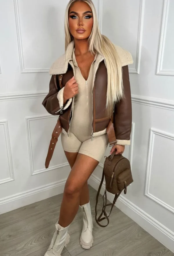 BE YOU Zip It Beige Sculpting Athleisure Unitard Playsuit<Women Loungewear