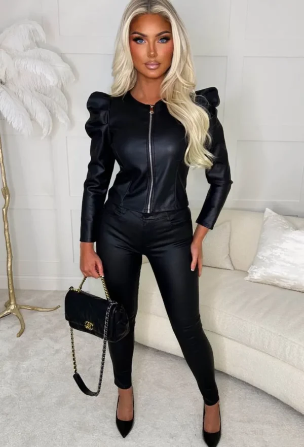 J5 FASHION Zip Tight Black Faux Leather Puff Sleeve Collarless Zip Jacket<Women Coats And Jackets