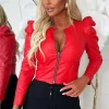 J5 FASHION Zip Tight Red Faux Leather Puff Sleeve Collarless Zip Jacket<Women Coats And Jackets